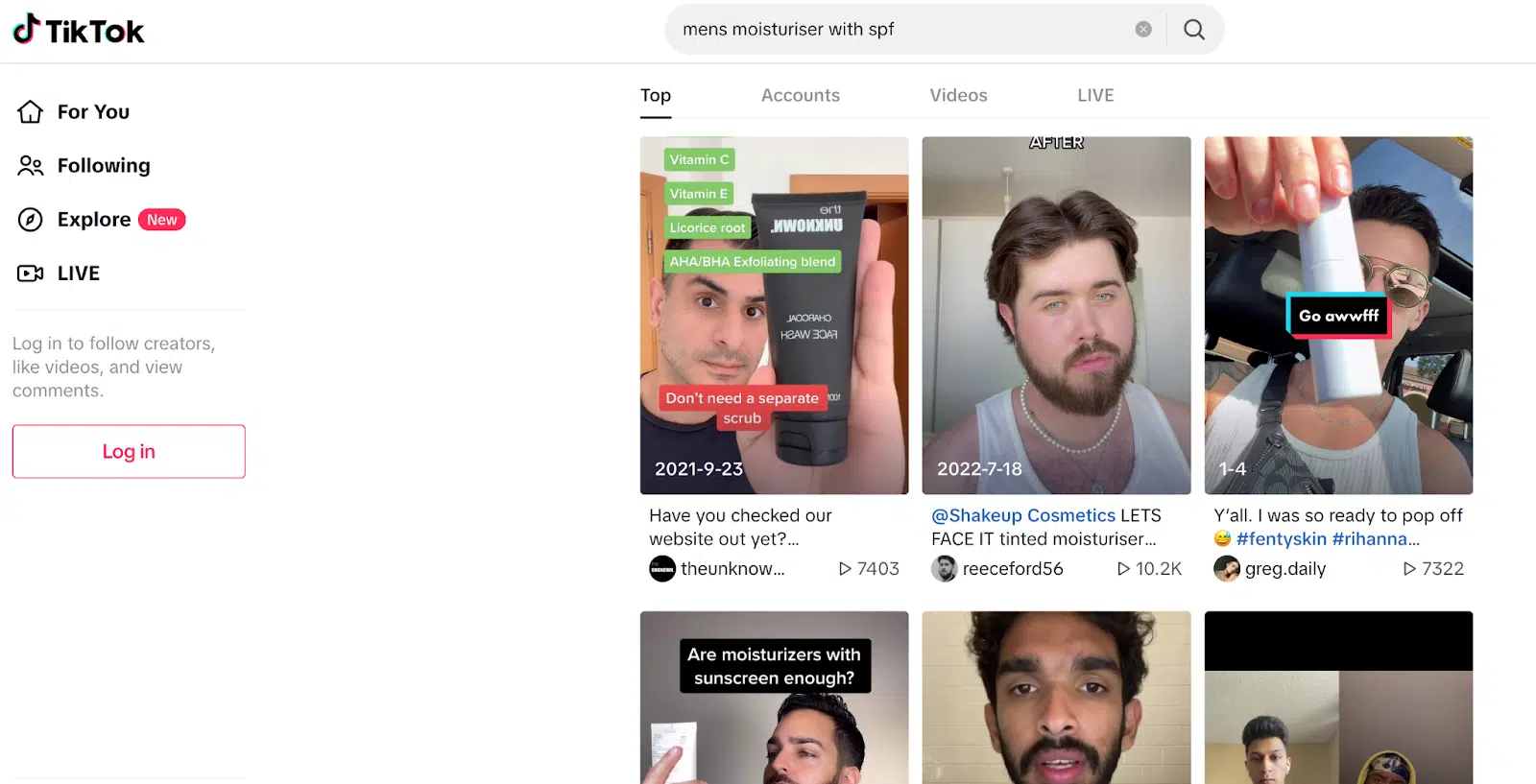 Recherche Tiktok - hydratant pour hommes avec SPF