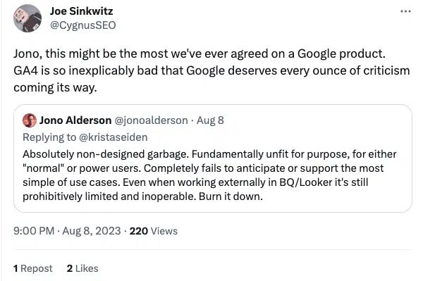 Joe Sinkwitz GA4 Commentaire