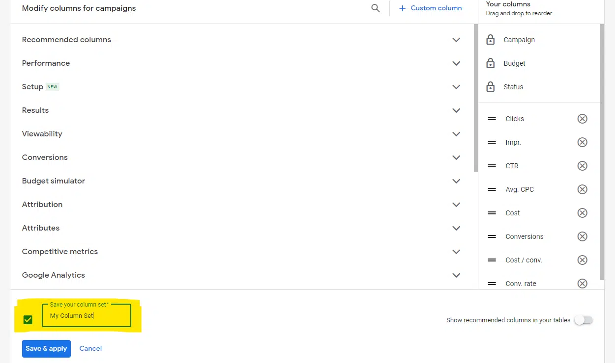 Google Ads – Ensembles de colonnes enregistrés
