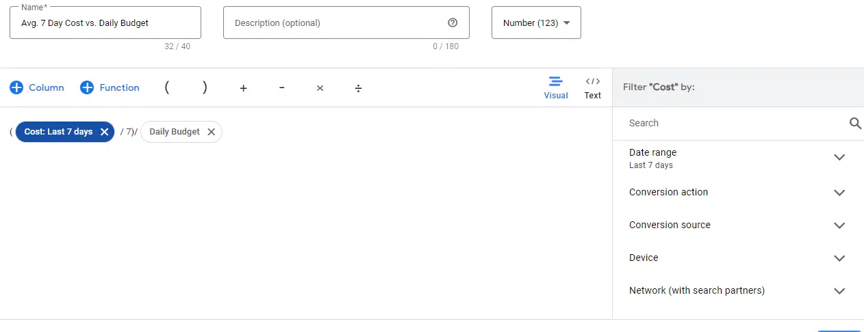 Google Ads – Colonne personnalisée avec formule