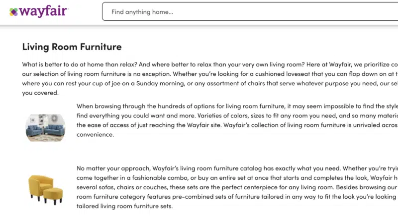 Page de catégorie de produit Wayfair 800x440