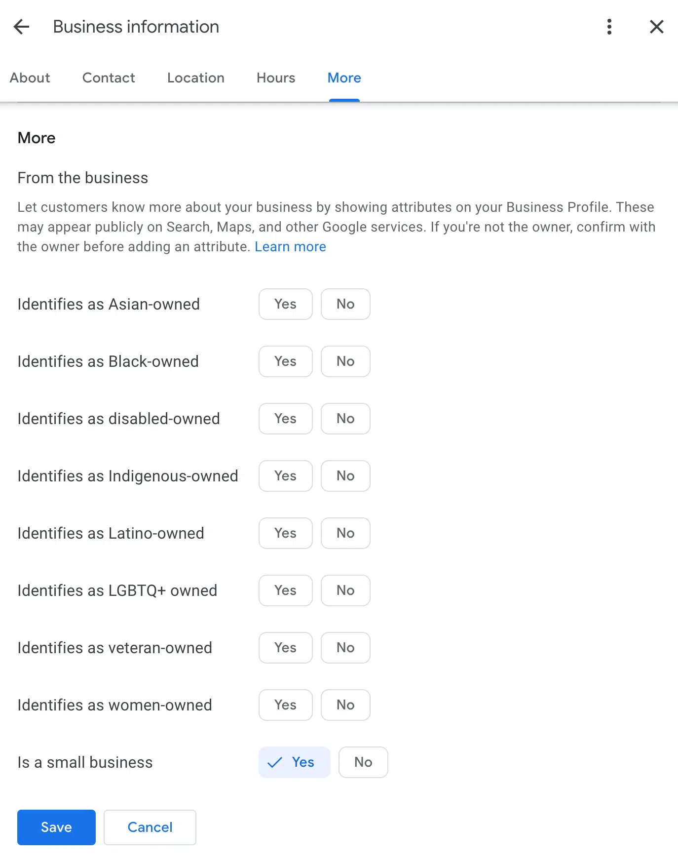 Attributs du profil d'entreprise Google Petite entreprise