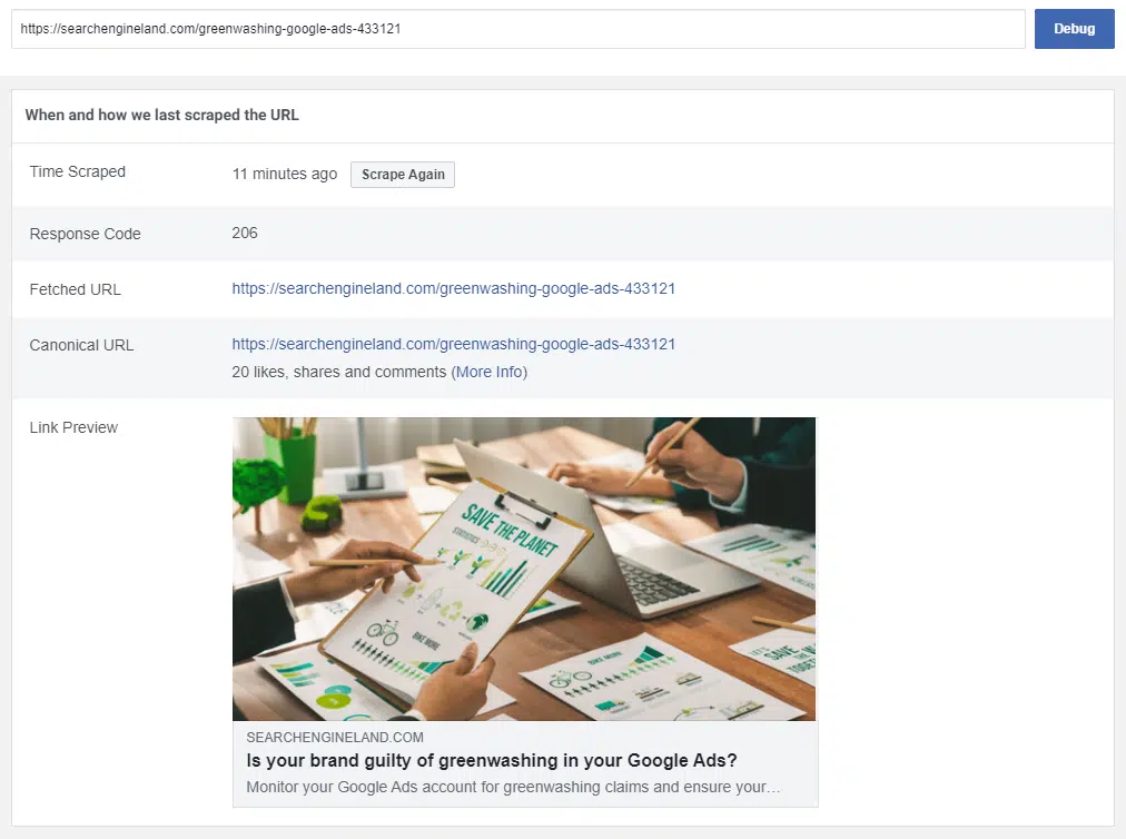 Le débogueur de partage Facebook.  Les balises OG sont également spécifiées plus bas sur la page.