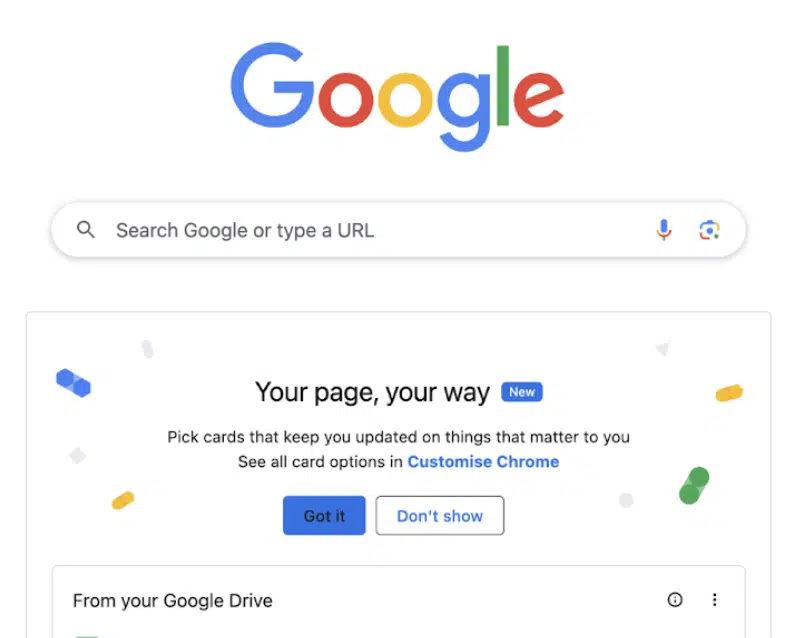 Nouvel onglet du bureau Google