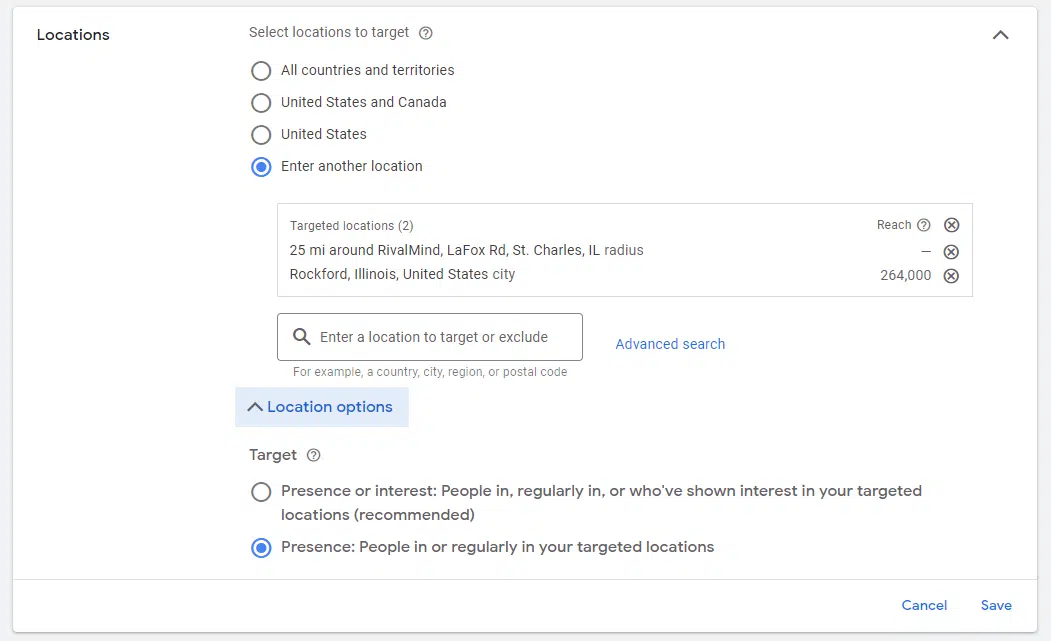Google Ads – Options de ciblage géographique