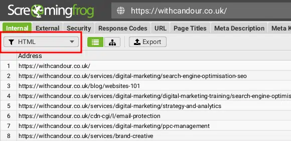 Screaming Frog - Surbrillance - Filtre HTML