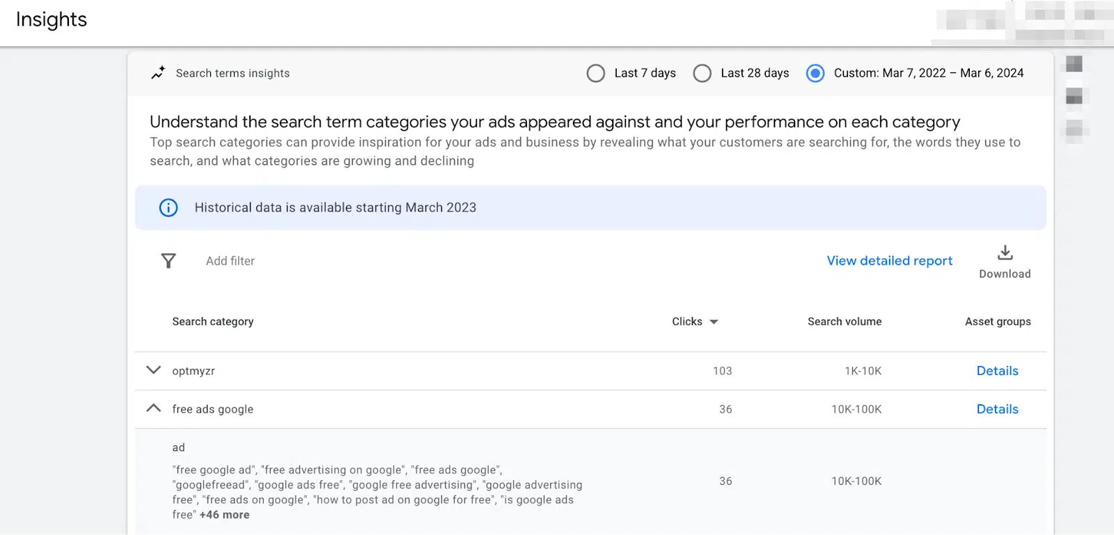 Les termes de recherche pour Performance Max sont disponibles dans l'interface utilisateur de Google Ads.  Capture d'écran de l'auteur, mars 2024.