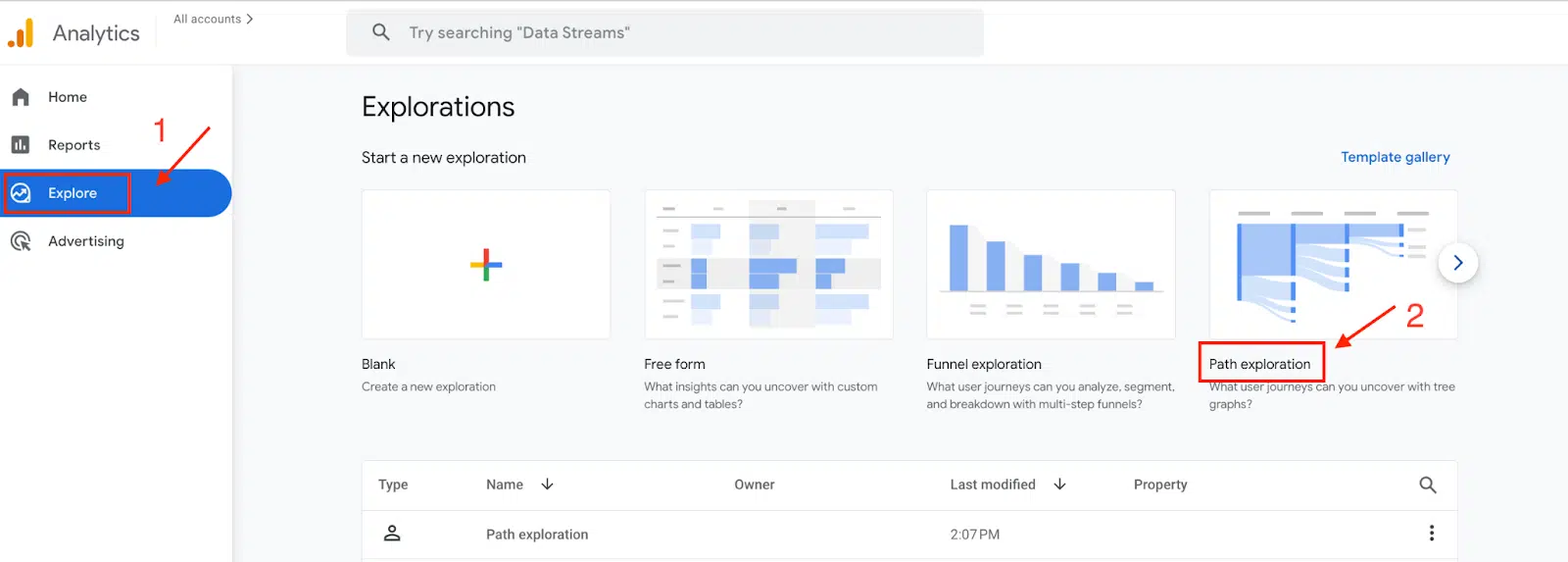 Accès au rapport d'exploration de chemin GA4 
