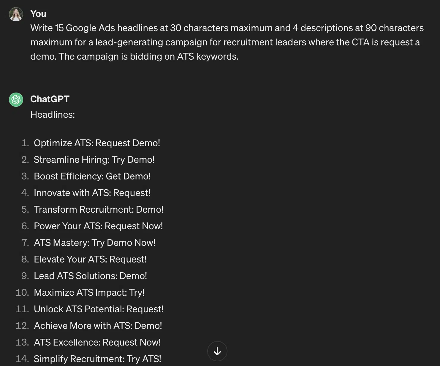 ChatGPT – Rédigez des titres et des descriptions d'annonces Google, mais la sortie comporte des CTA répétés