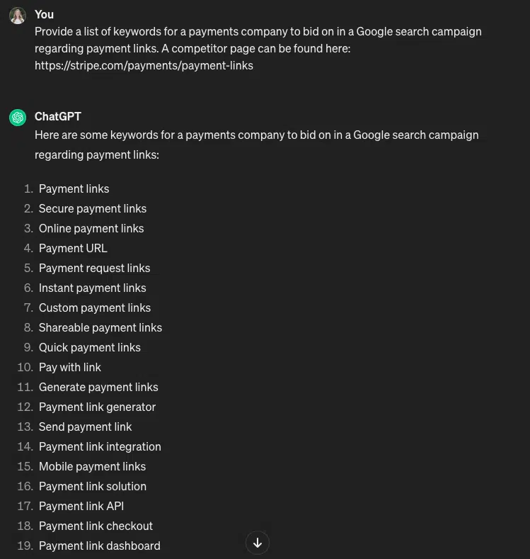 Recherche de mots clés ChatGPT PPC