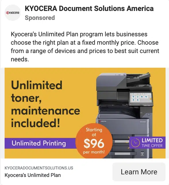 Exemple de publicité méta Facebook - Kyocera
