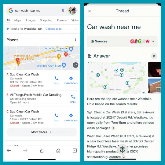 Résultats Google Vs Perplexity Lavage de voiture à proximité de chez moi