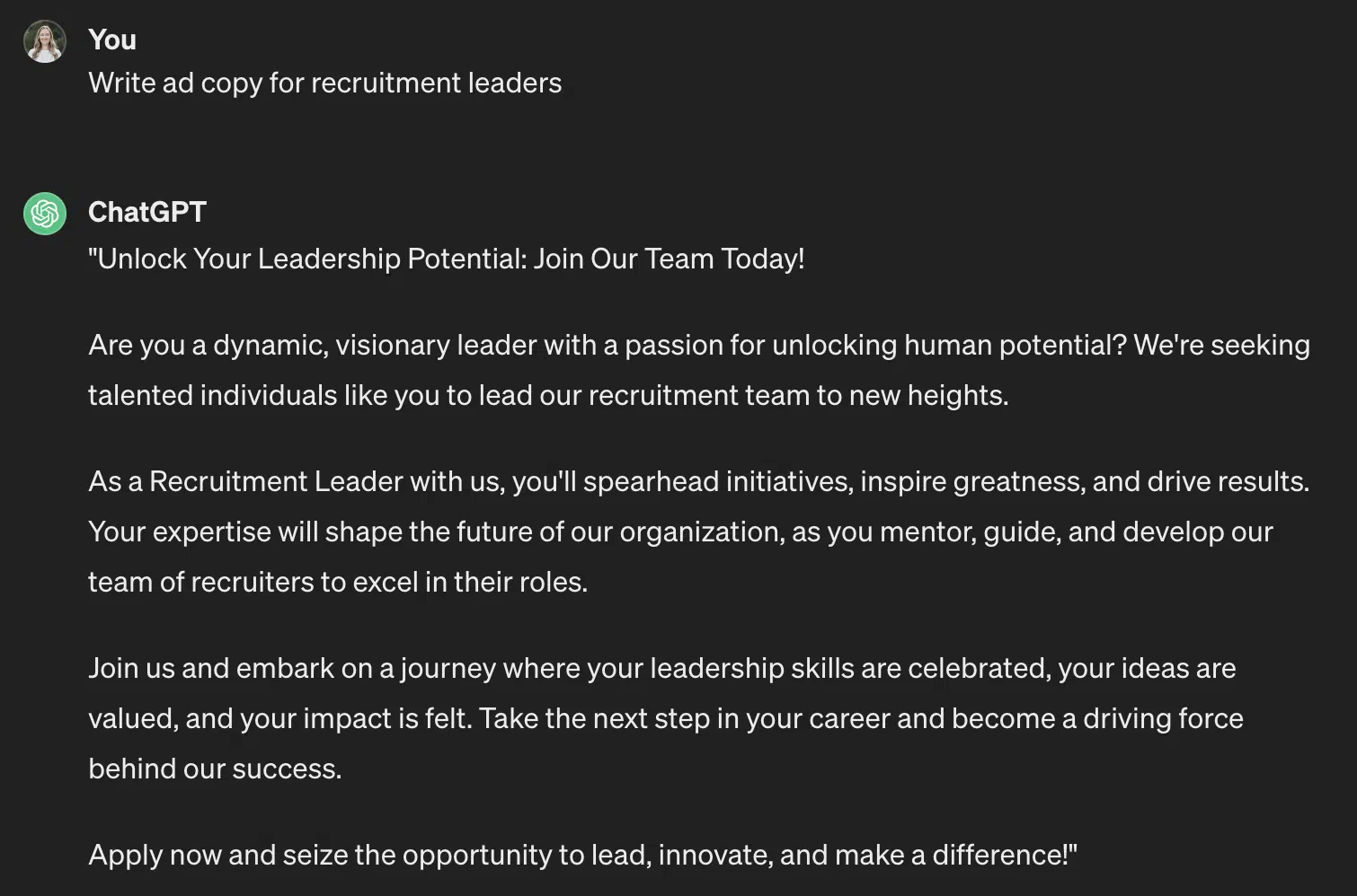 ChatGPT – Rédiger un texte publicitaire pour les responsables du recrutement