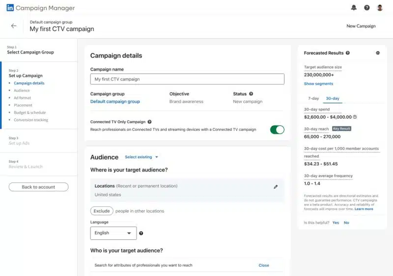 Configuration de la campagne LinkedIn CTV avril 2024