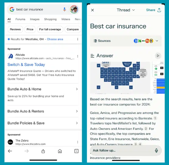 Résultats Google Vs Perplexity Meilleure assurance automobile