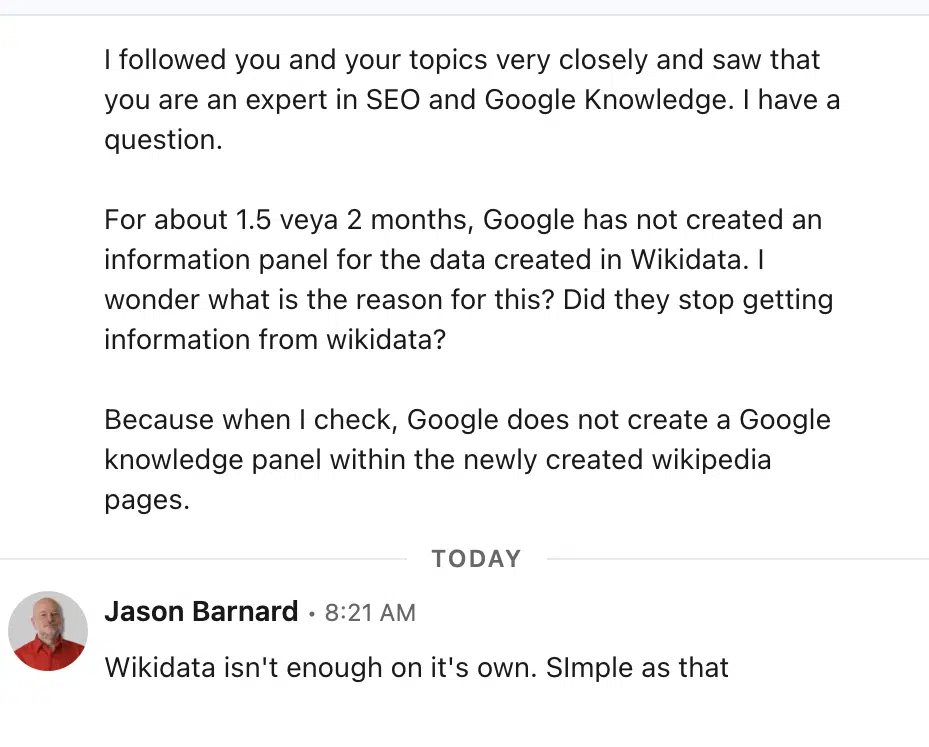 Message LinkedIn concernant Wikidata