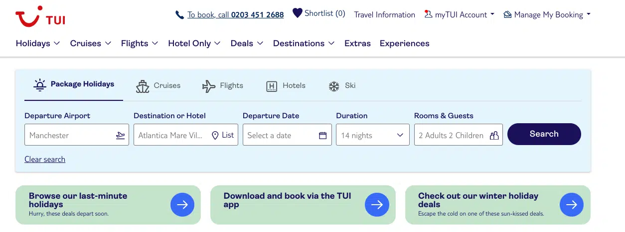 Site Web Tui - boutons de recherche à facettes