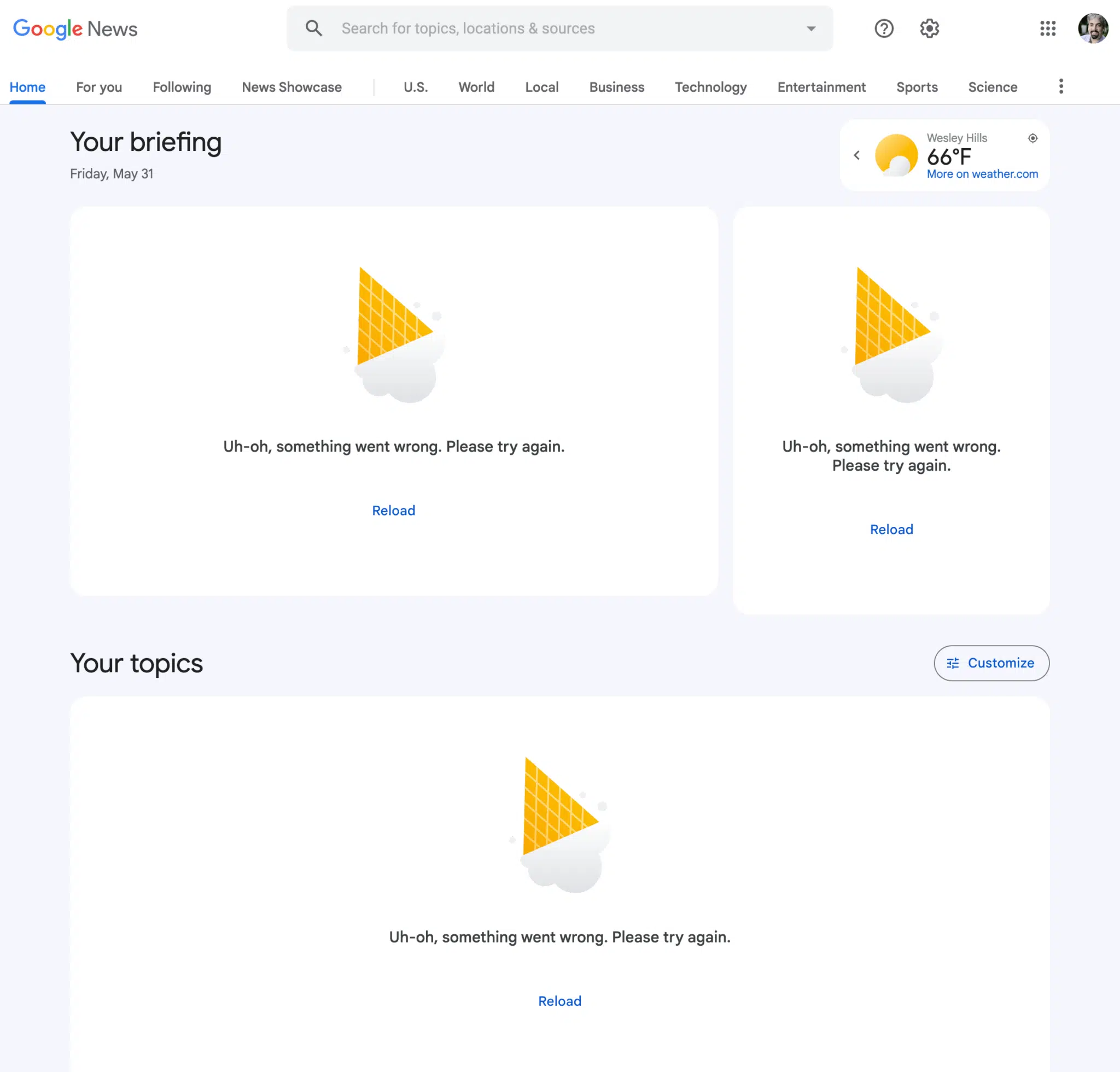 La page d'accueil de Google Actualités ne se charge pas