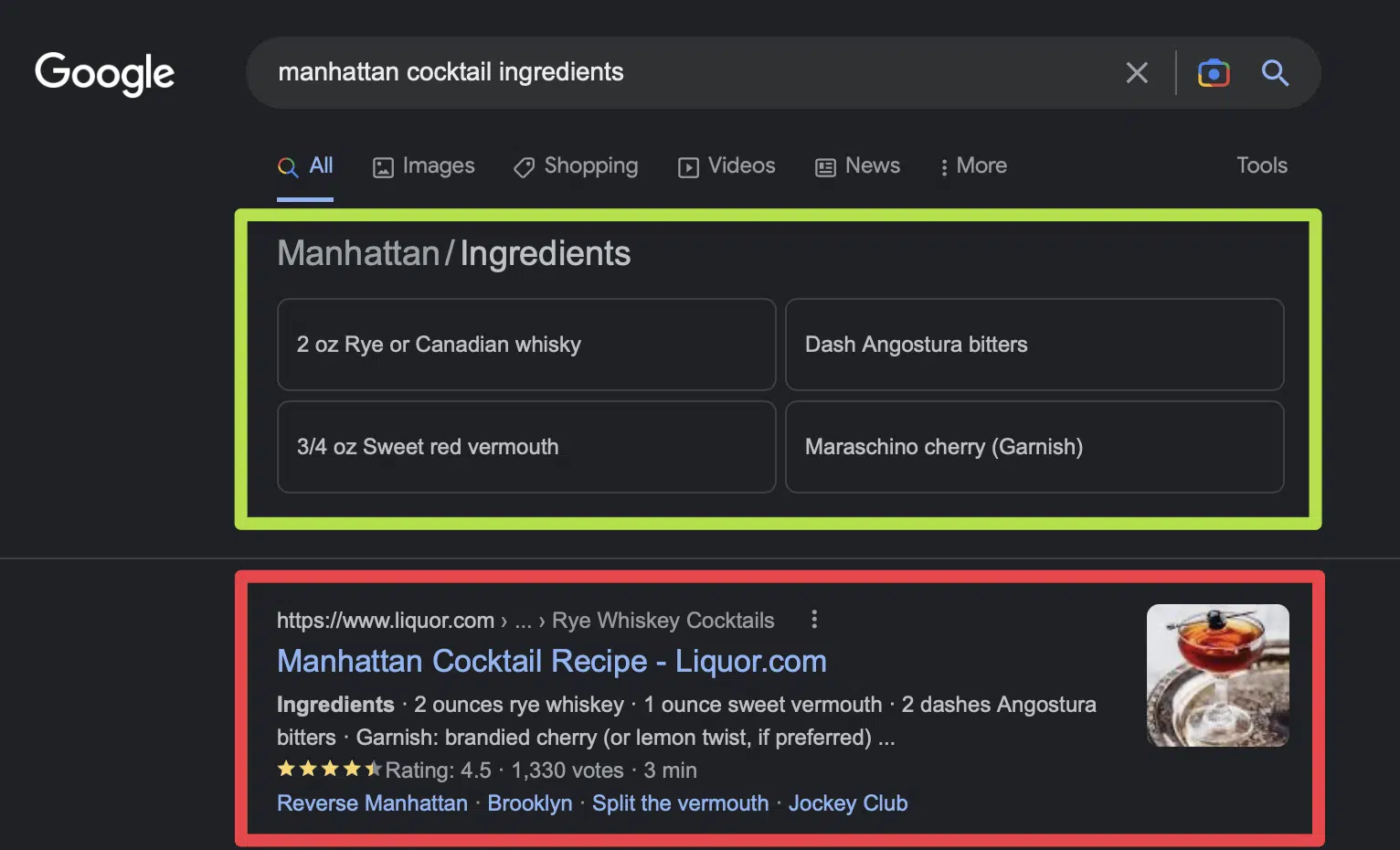 Google – Ingrédients du cocktail Manhattan