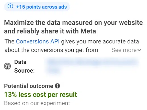 Exemple d'estimation par Meta des améliorations projetées lorsque l'API Meta Conversion est implémentée par rapport au pixel Meta traditionnel.