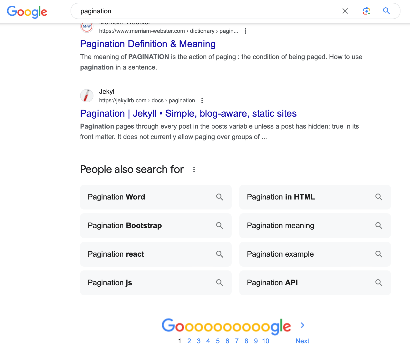 Barre de pagination de recherche Google Retour