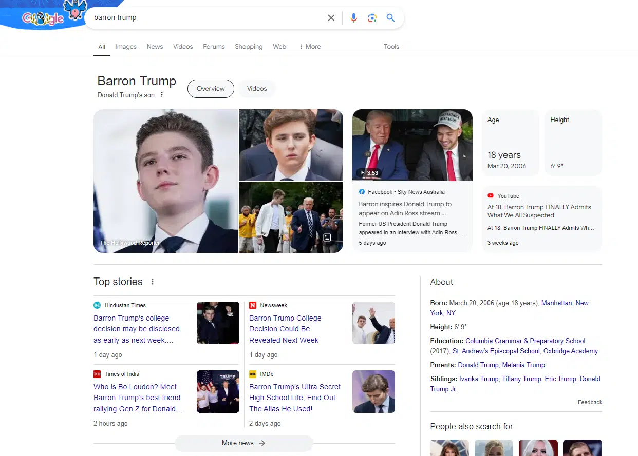 Recherche de Barron Trump sur Google