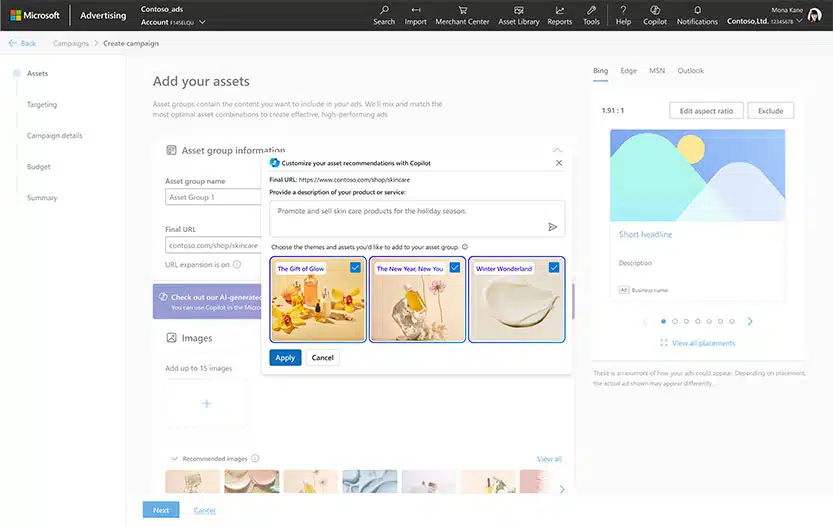 Fonctionnalités créatives de Microsoft Advertising (Source : Microsoft)