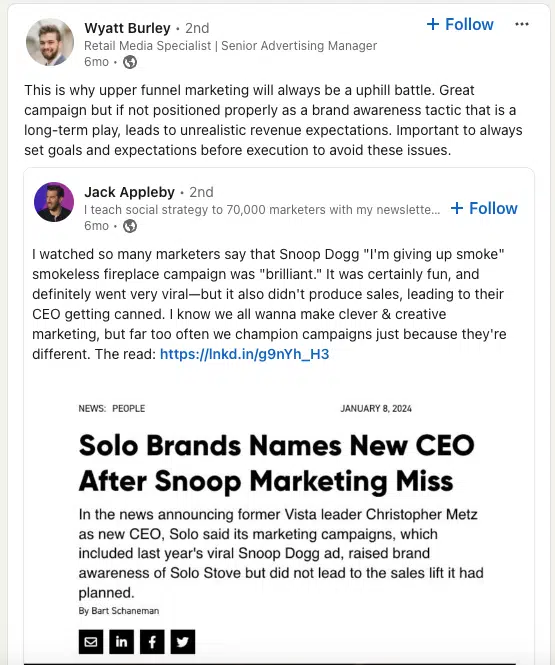 Cette conversation LinkedIn illustre les défis et les récompenses potentielles des efforts de notoriété de la marque.