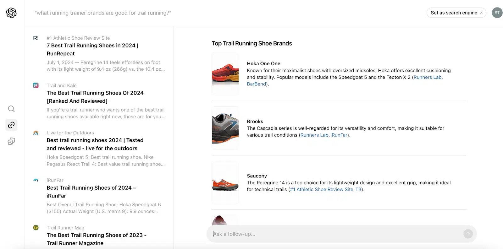 SearchGPT - Quelles marques de chaussures de course sont adaptées à la course sur sentier