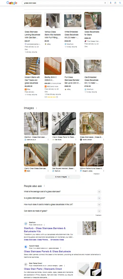 Quatre premières fonctionnalités organiques (achats, images, « Les gens demandent aussi » et liste organique)
