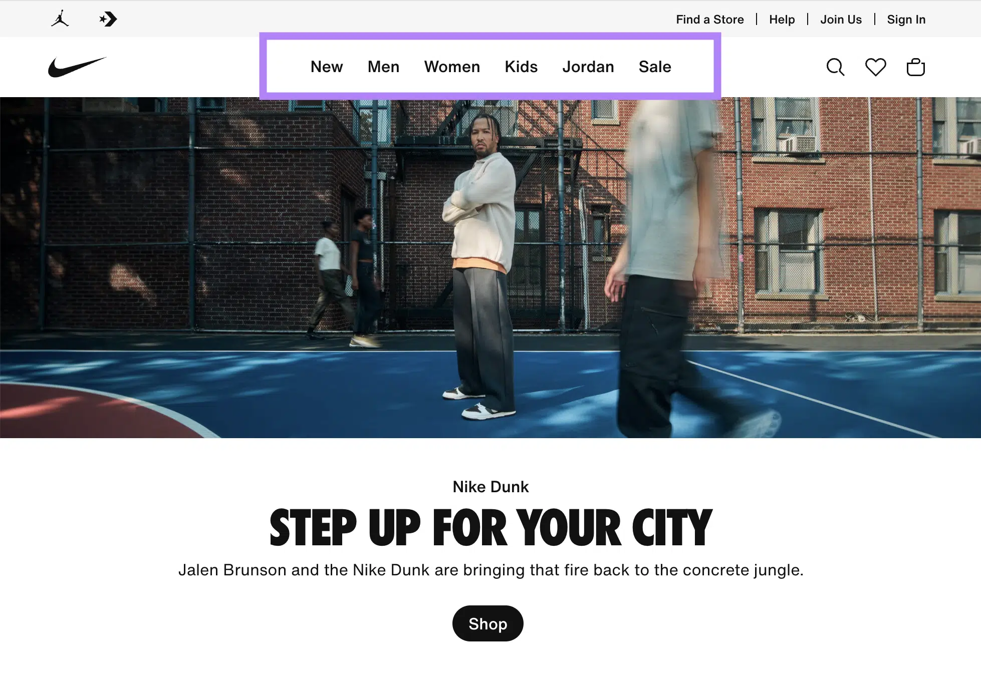 La navigation de Nike affiche les liens Nouveau, Hommes, Femmes, Enfants, Jordan et Soldes.