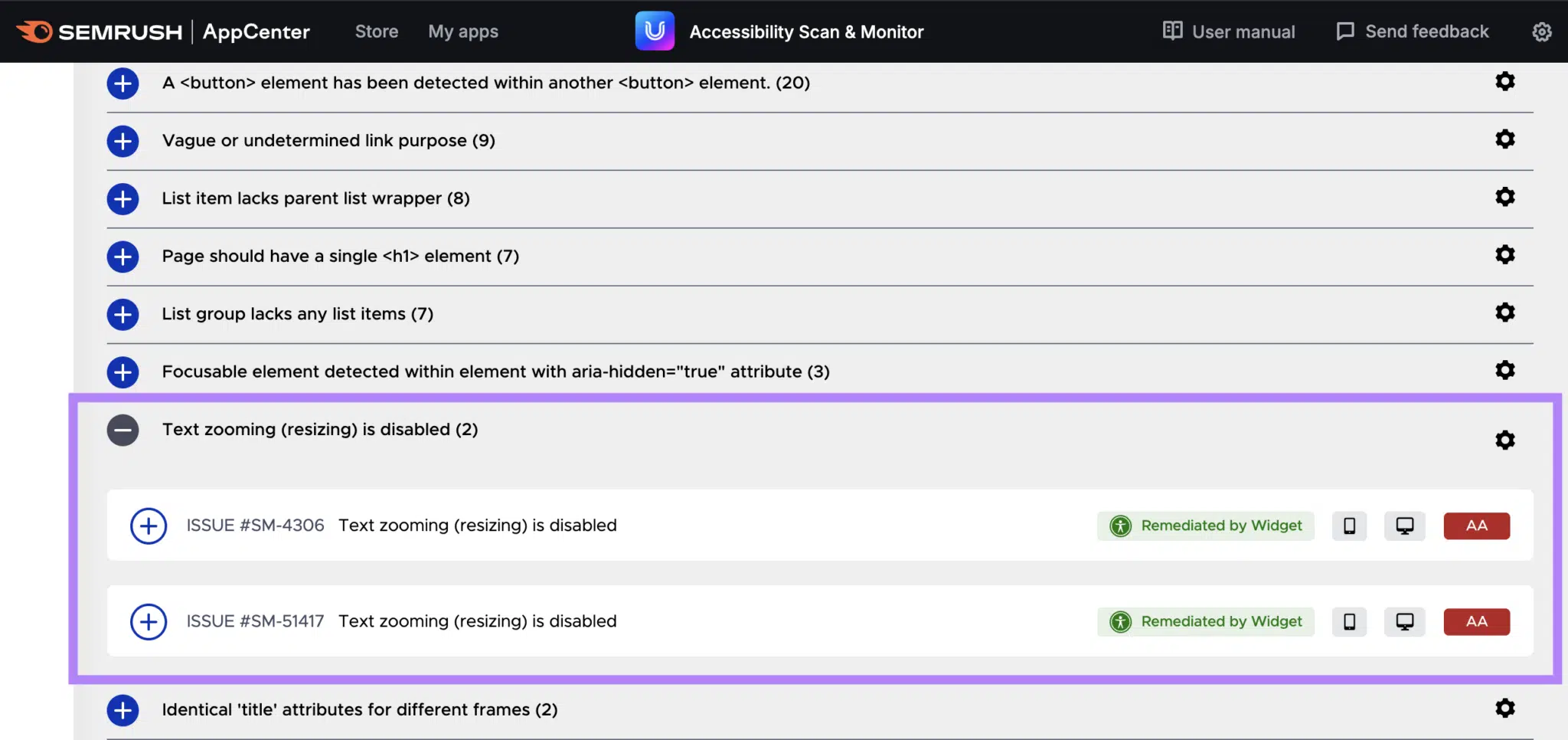 Problèmes d'optimisation mobile affichés dans l'application Accessibility Scan and Monitor, tels que 