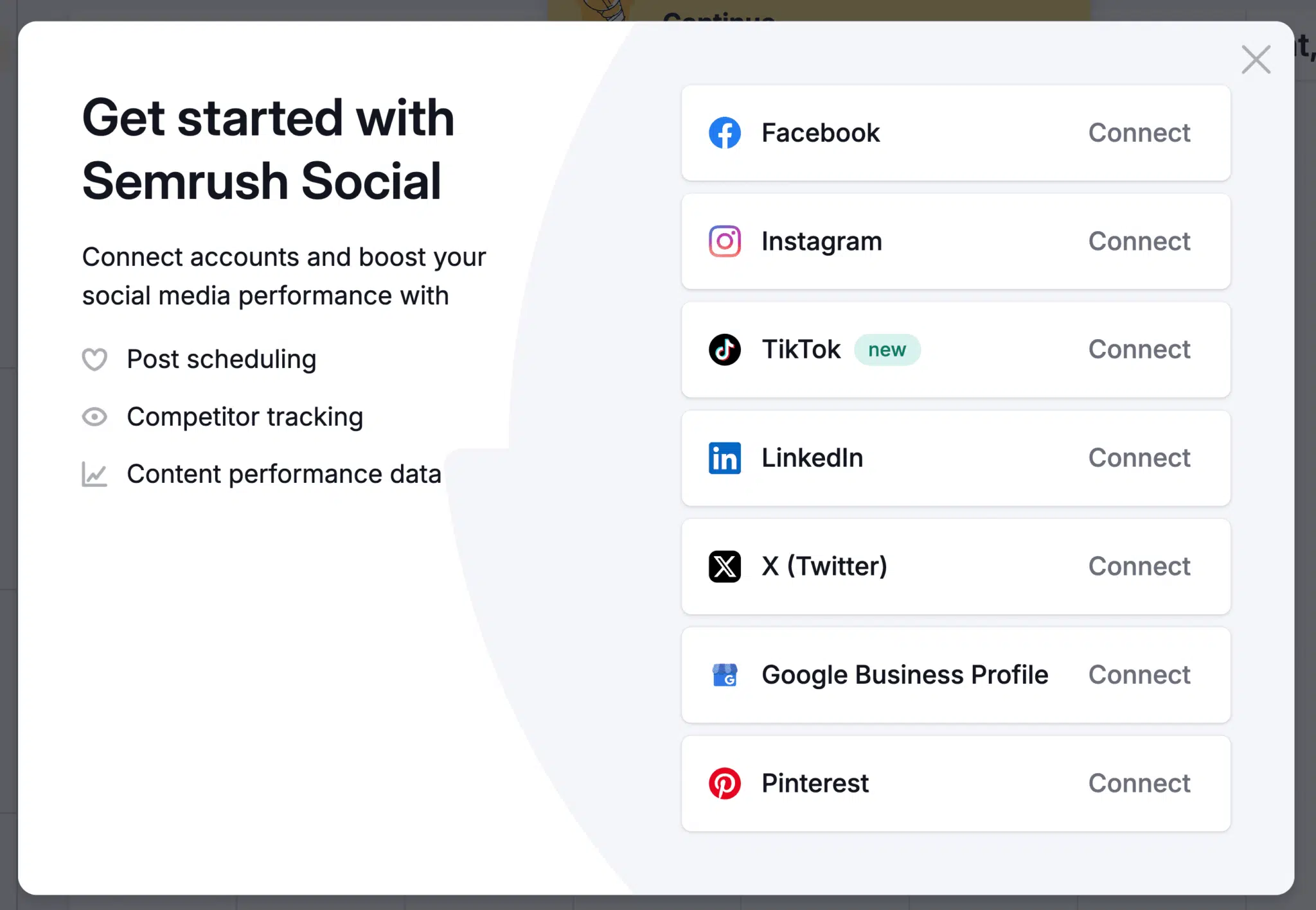 tableau de bord pour connecter vos profils sociaux avec semrush social