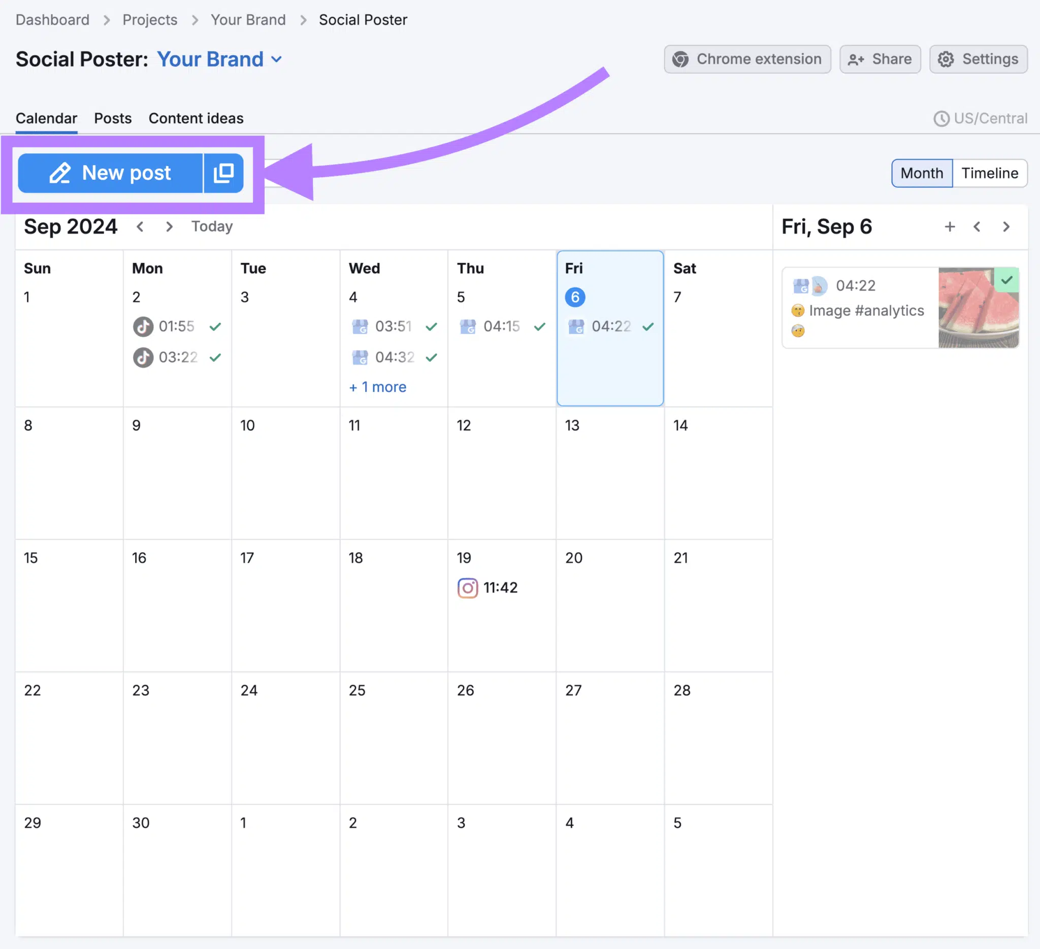 Vue du calendrier de Semrush Social Poster avec le "Nouveau message" bouton en surbrillance