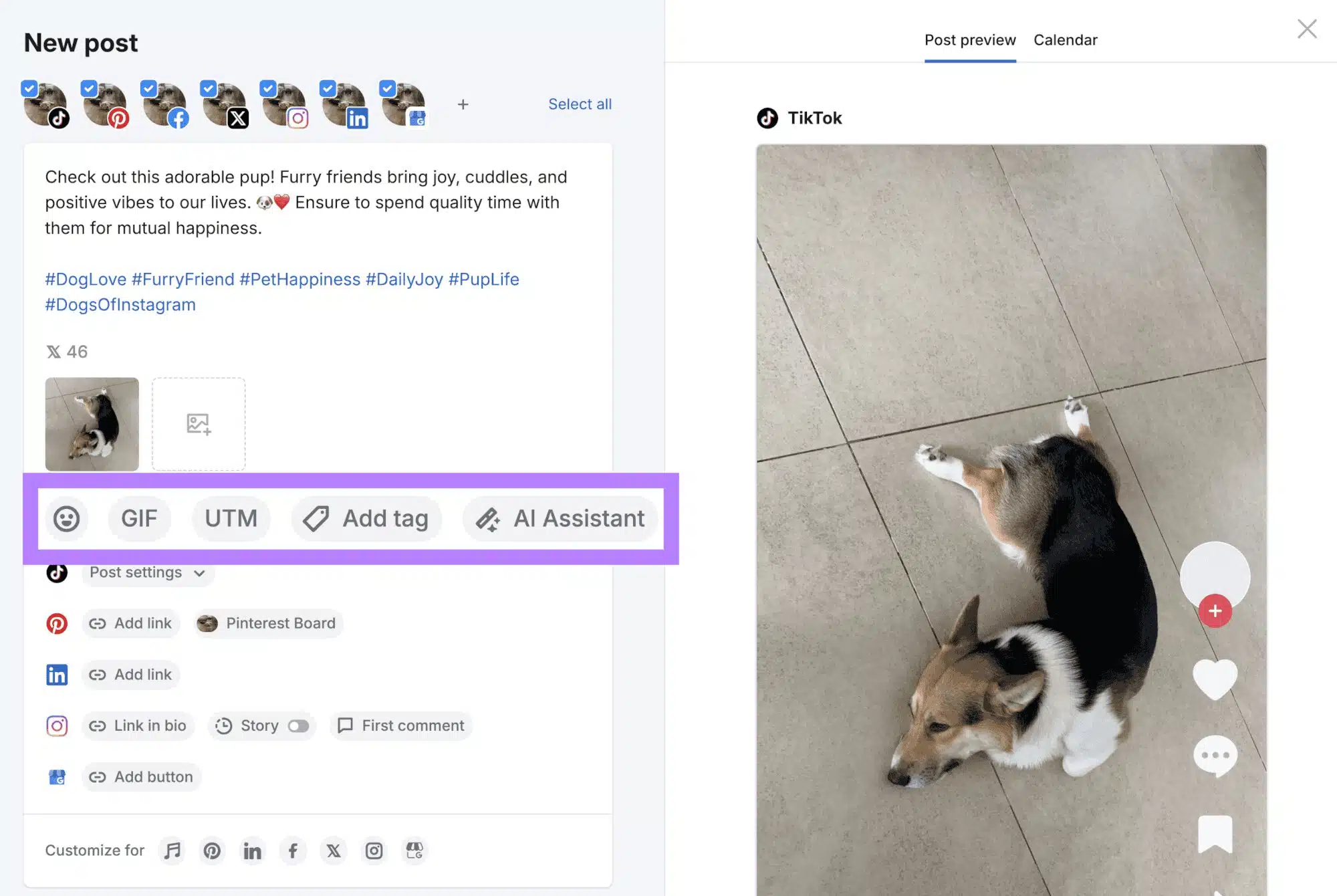 Nouveau tableau de bord de publication dans Semrush Social avec des fonctionnalités de publication telles que les gifs, les UTM, les balises et l'assistant AI mis en évidence