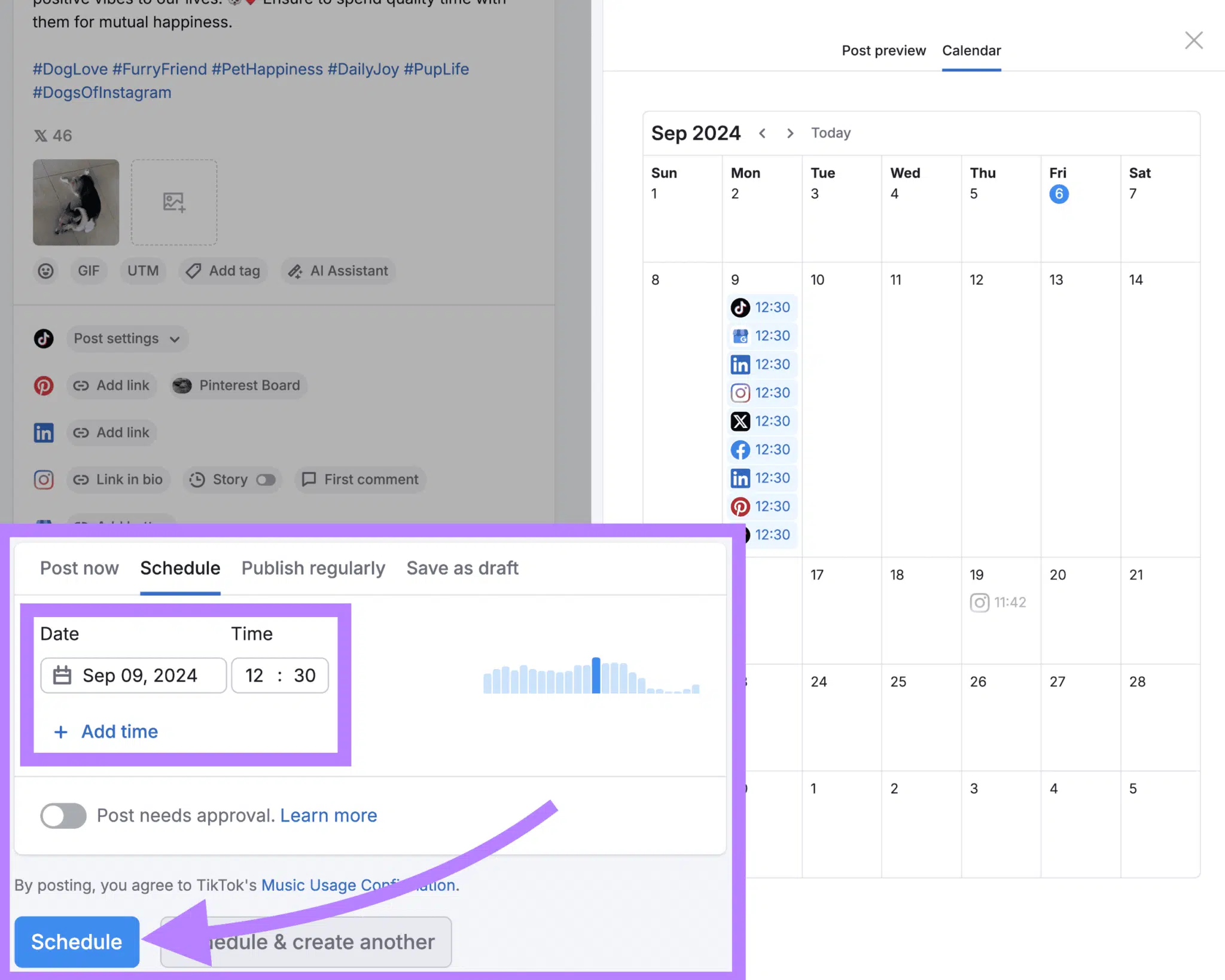Option de planification de publication dans Semrush Social Poster