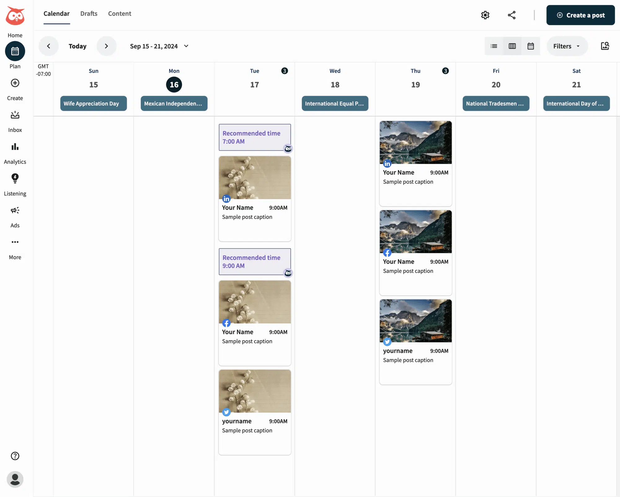 Tableau de bord de la vue du calendrier Hootesuite