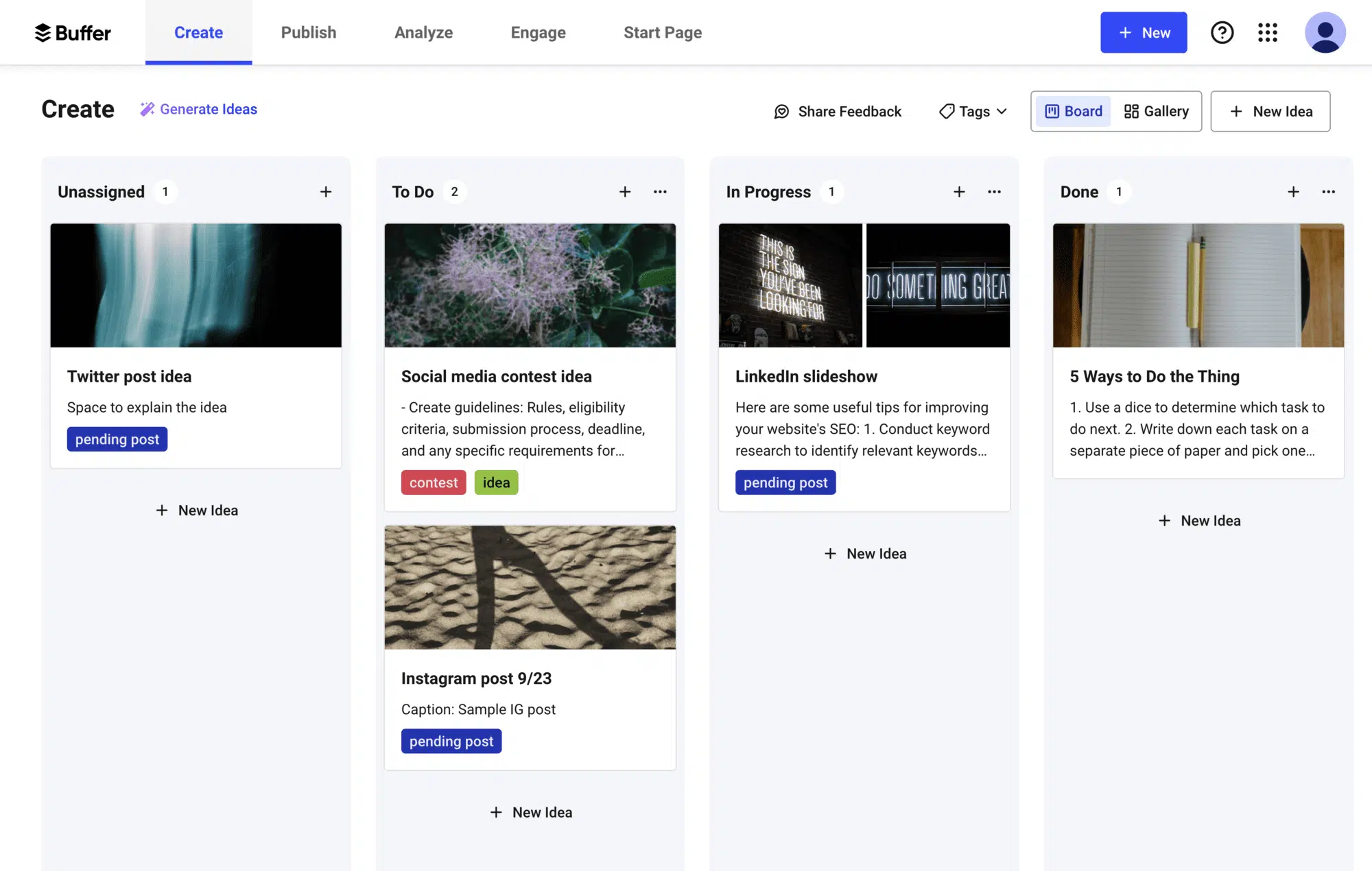 Tableau Kanban tampon d'idées de médias sociaux