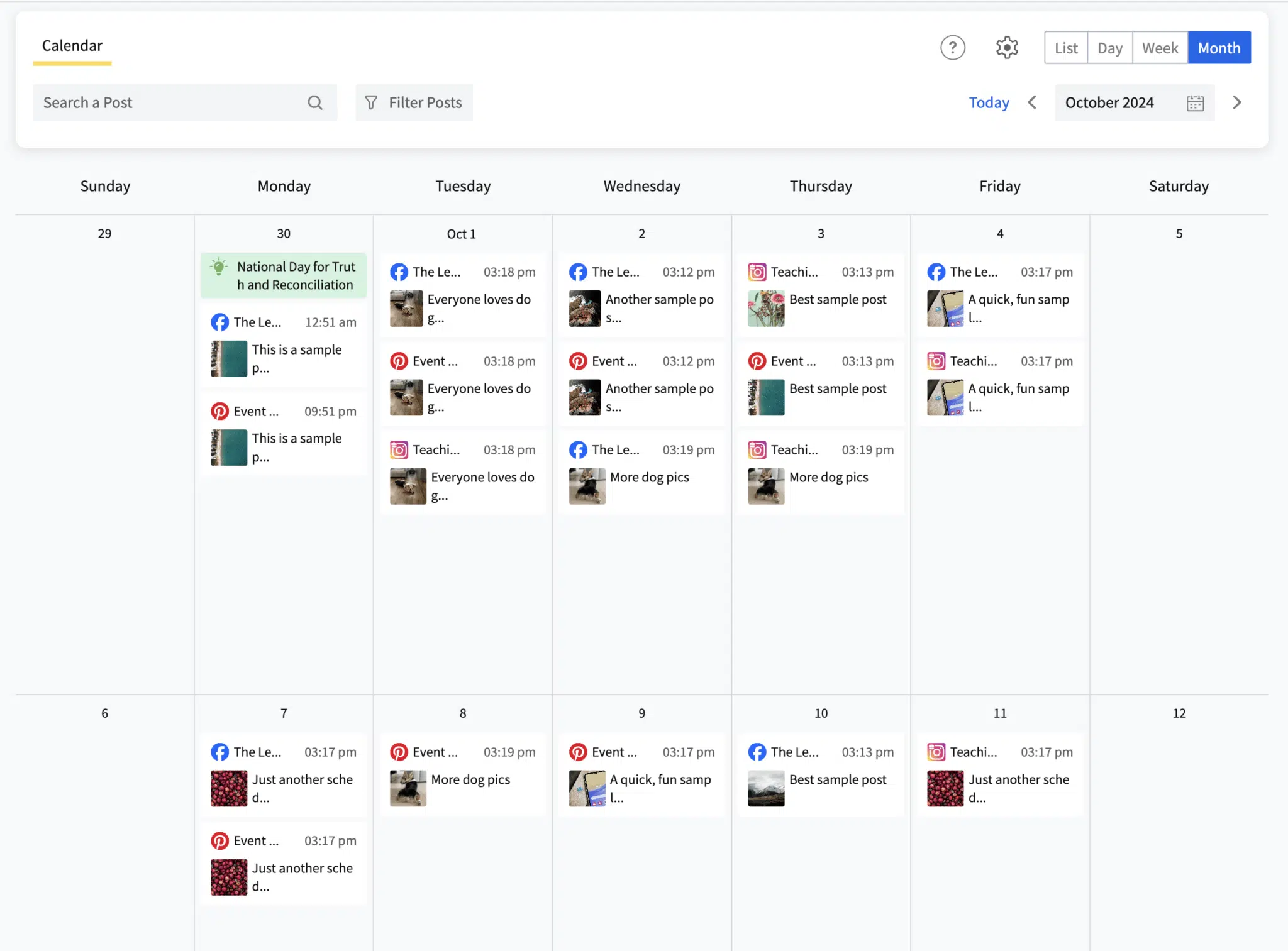 Vue du calendrier des affiches des médias sociaux SocialPilot