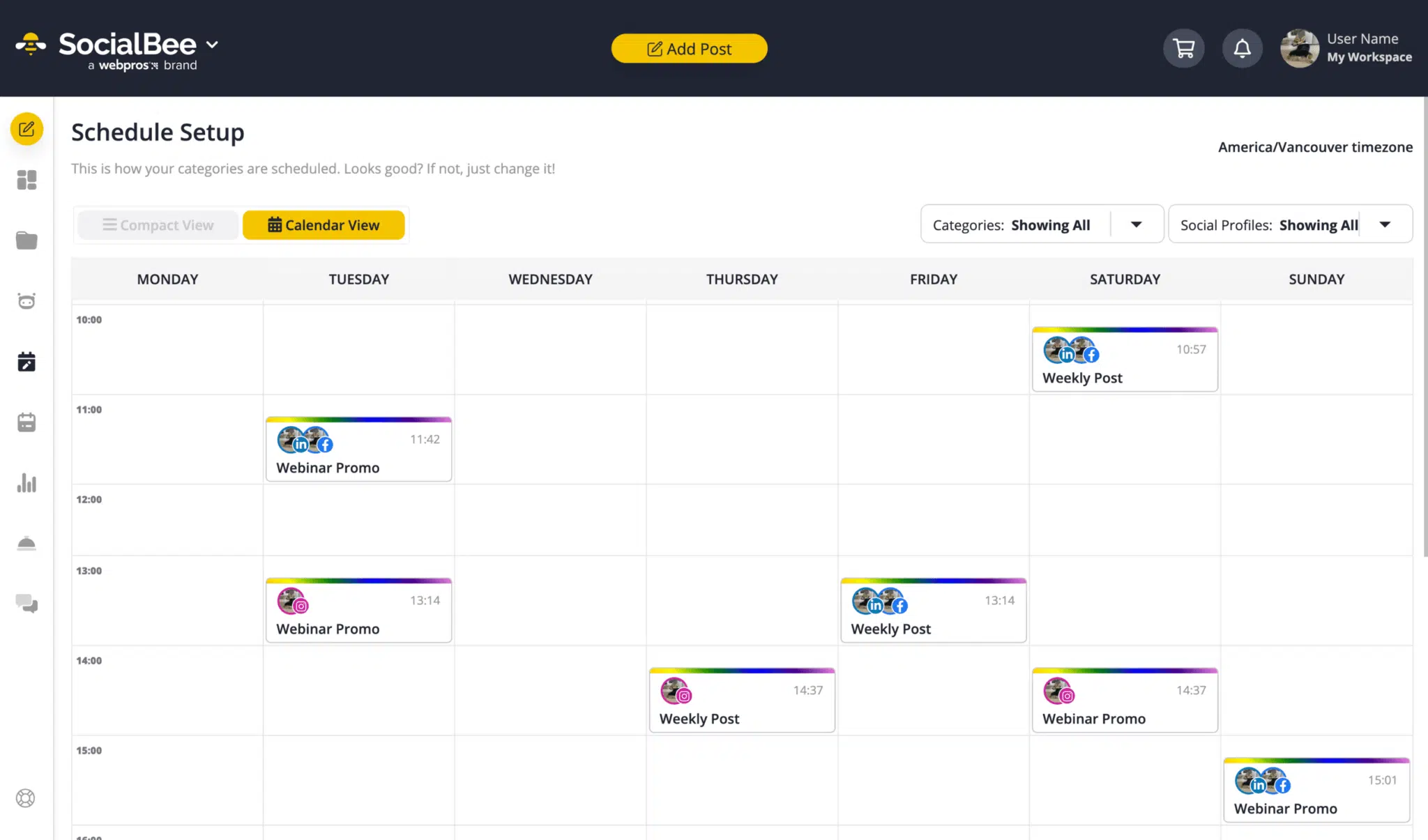 Tableau de bord de configuration du planning de SocialBee