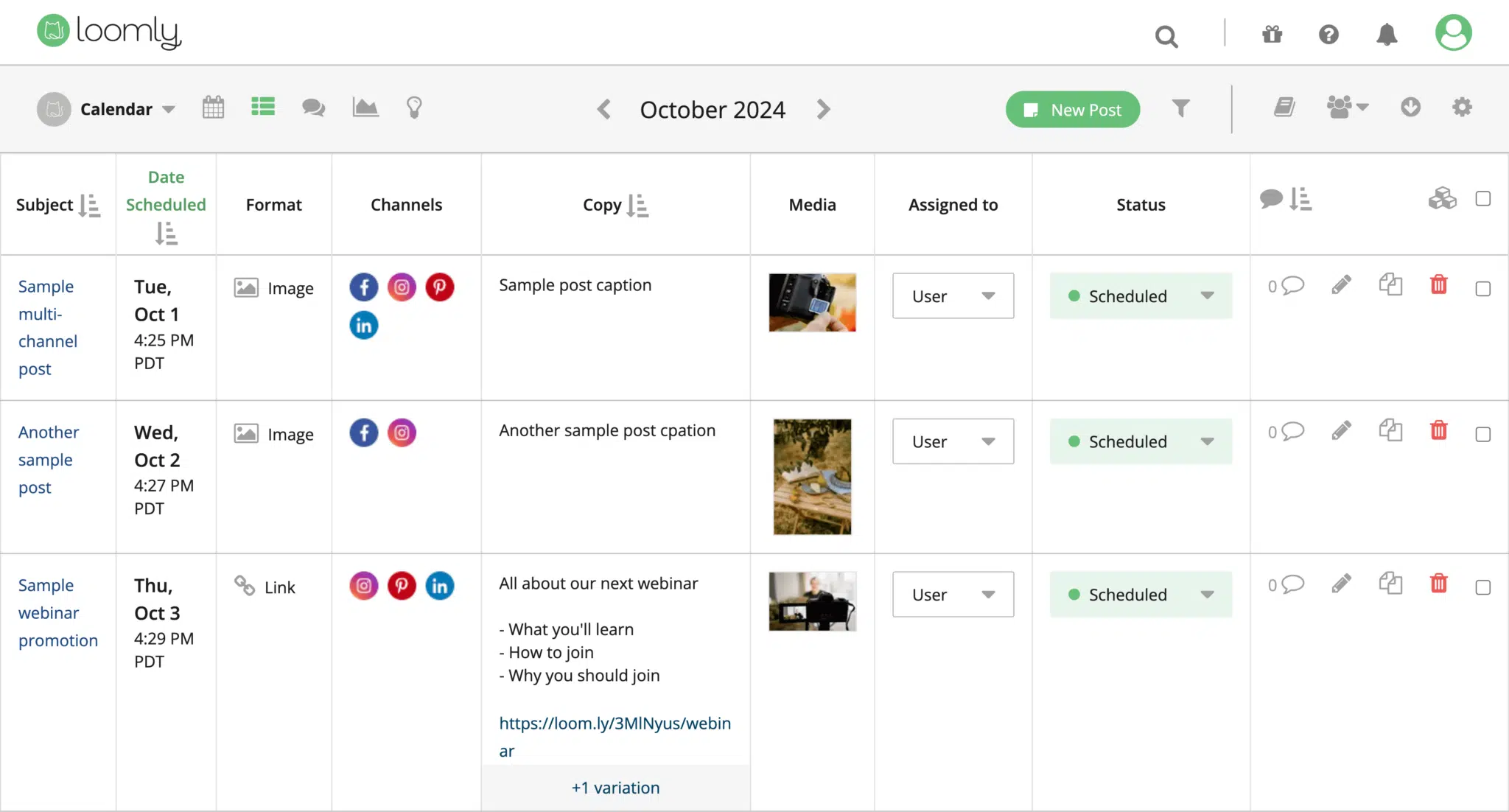 Liste des publications programmées de Loomly