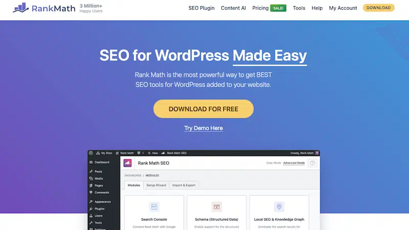 Rankmath est parmi les plugins SEO WordPress les plus populaires.
