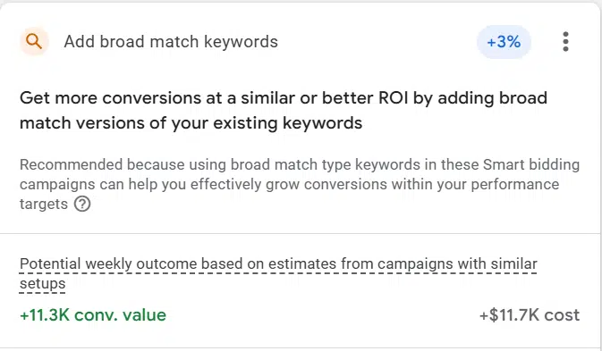 Google Ads - Ajouter des mots clés de match large