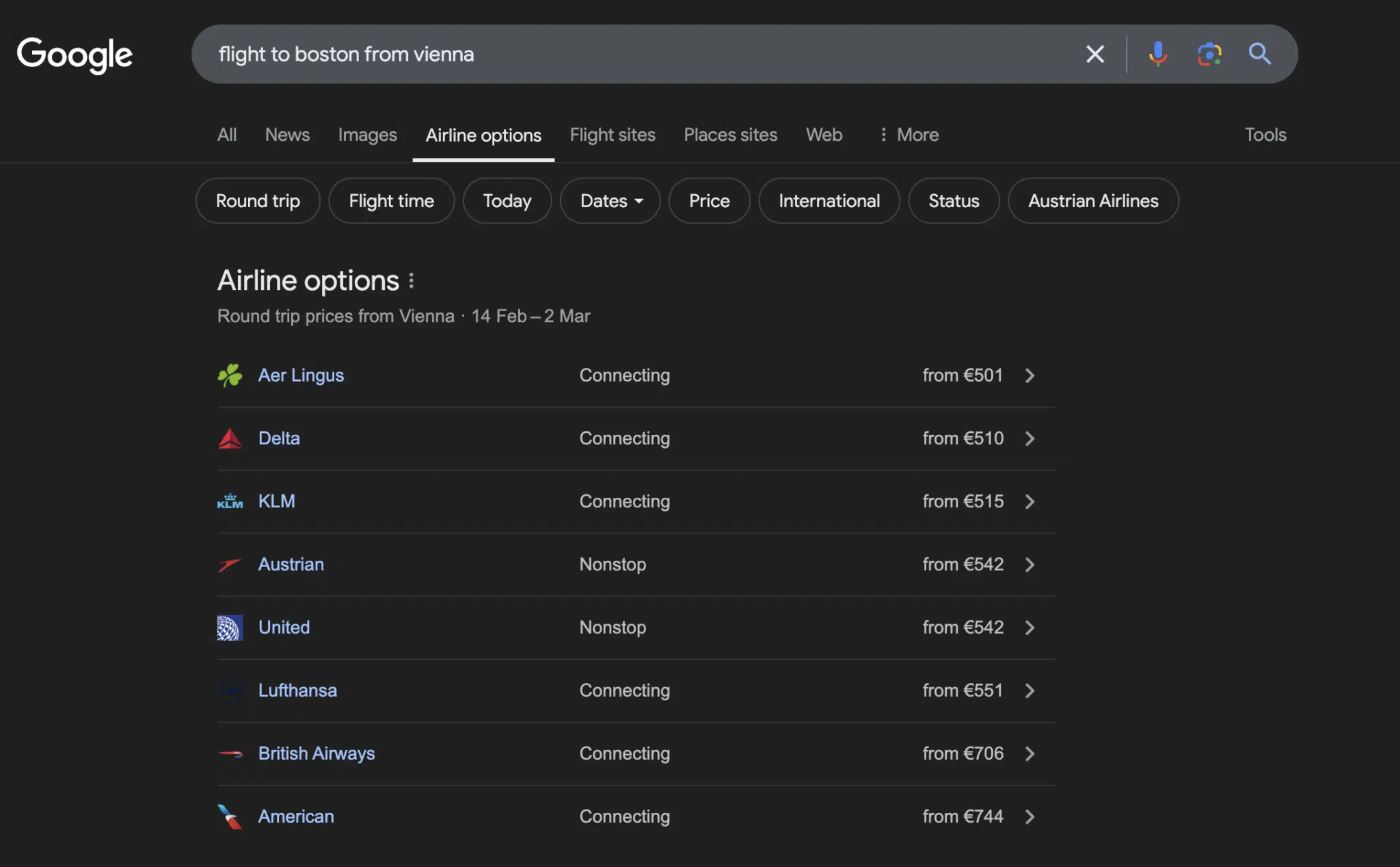 Options de la compagnie aérienne Google
