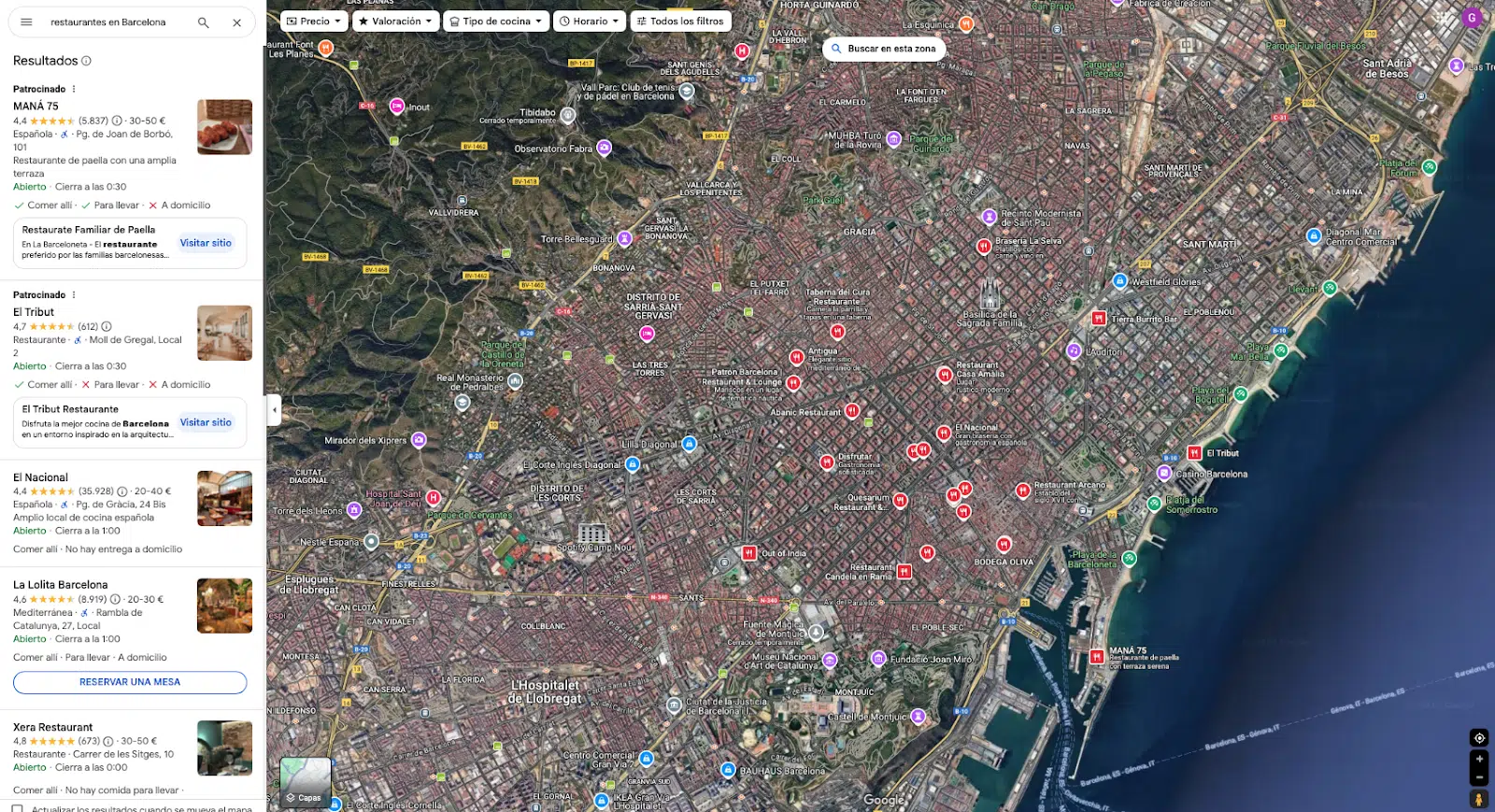 Google Search - Maps Résultats des restaurants à Barcelone