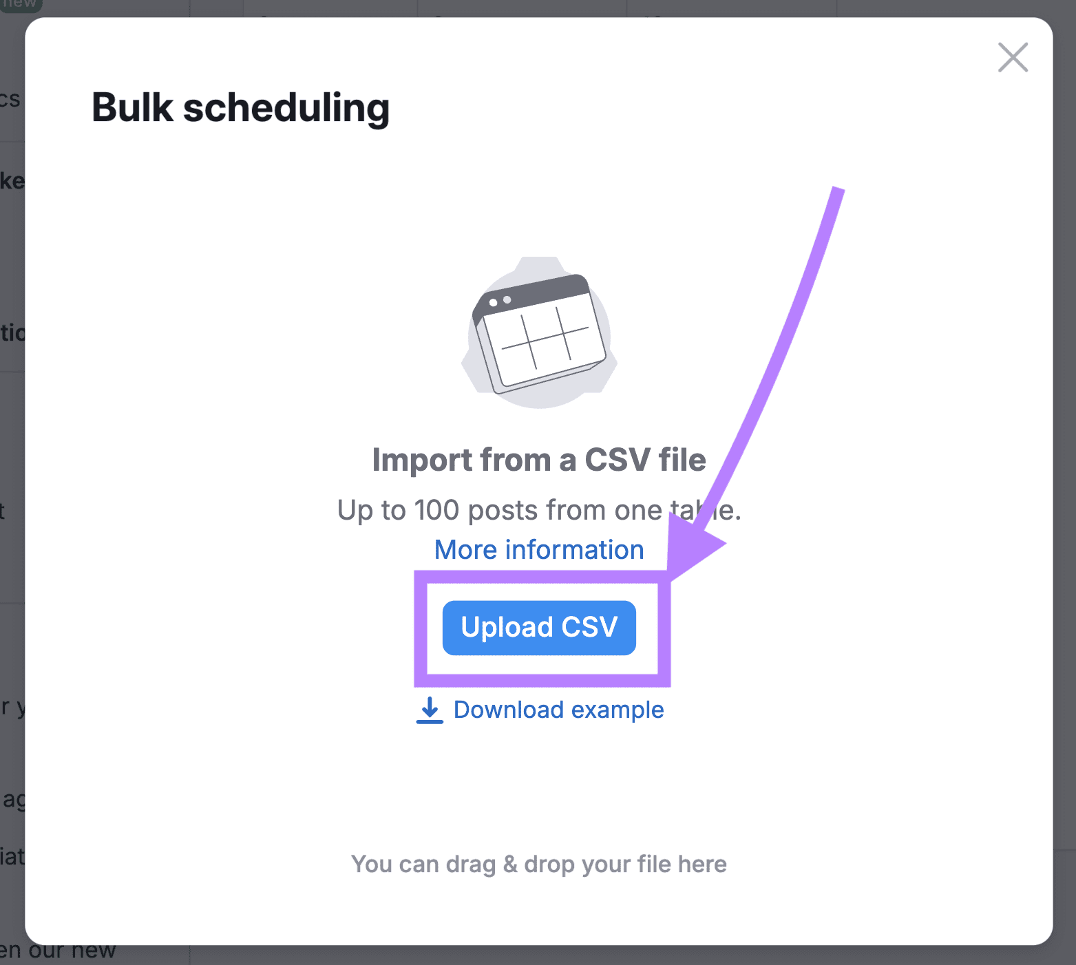 Modal de planification groupée où vous pouvez télécharger un CSV