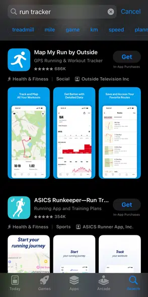 Recherche de « run tracker » sur l'App Store