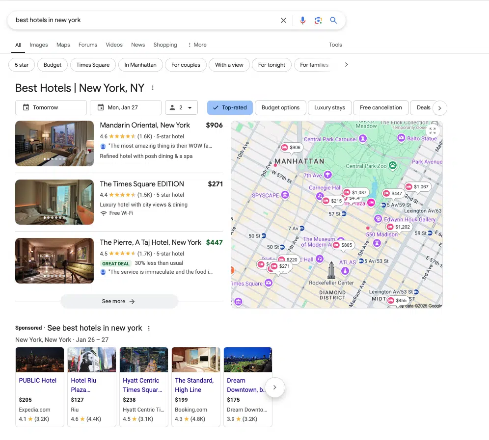 Recherche Google - Meilleurs hôtels à New York