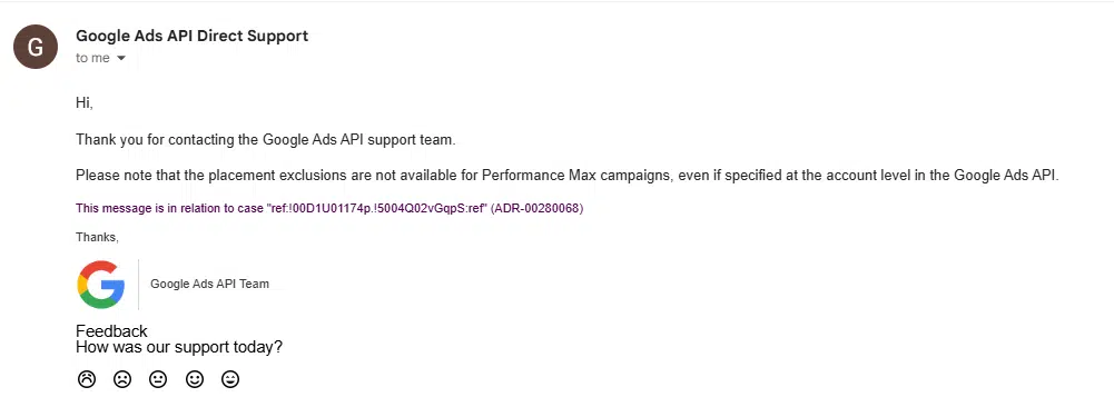 Réponse de support de l'API Google ADS