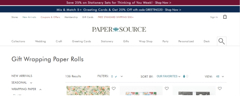 Section du site Web de la source de papier pour l'emballage des cadeaux